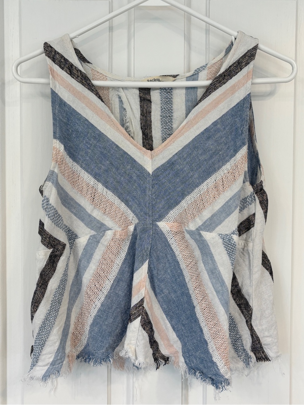 Rocks & Indigo Open Split-Back Striped Tank Top Blue White Pale Pink V-Neck Boho